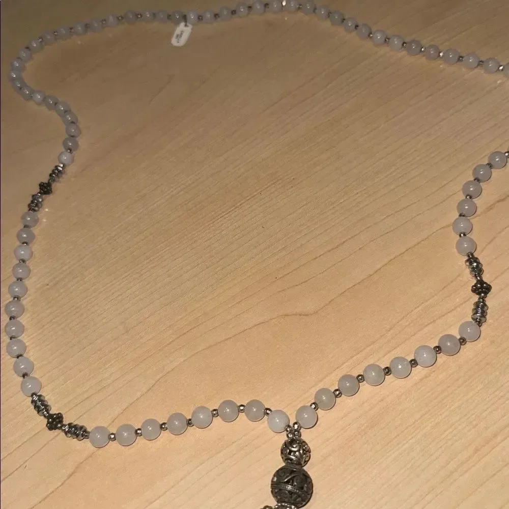 VINTAGE Hand Beaded Necklace Pink Tassle Long Necklace NEW Silver Accents
